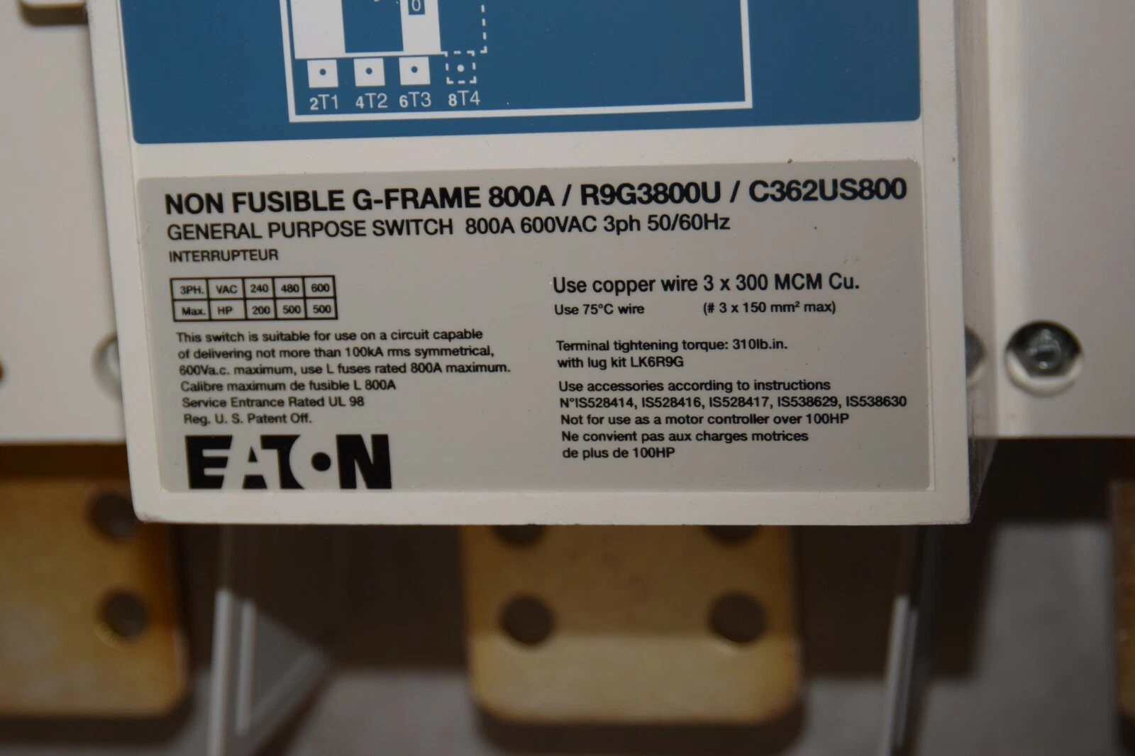 (New) Eaton YC362US800 R9G3800U / C362US800 800amp 3pole G frame rotary switch