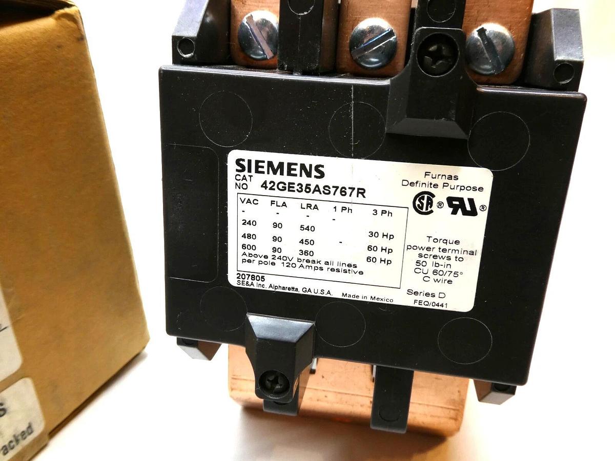 Used Siemens Definite Purpose Contactor 42GE35AS767R 3 pole 24VDC COIL 90A (NEW)