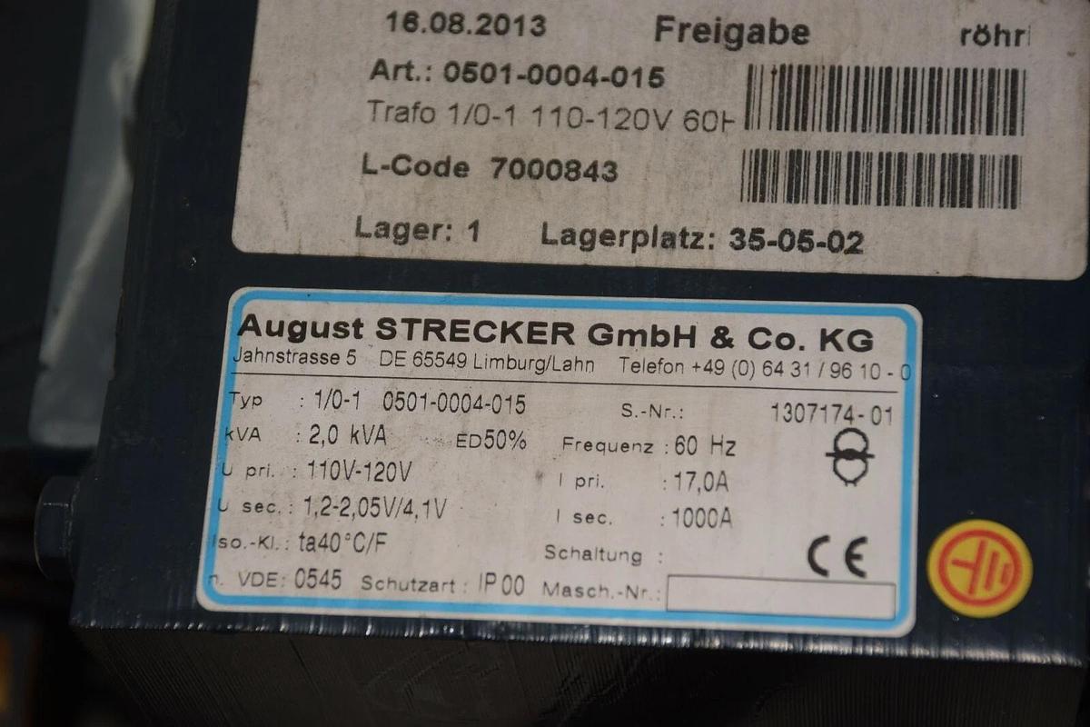 Used AUGUST STRECKER GmbH & CO 1/0-1 0501-0004-015 2,0kVA 110V-120V TRANSFORMER