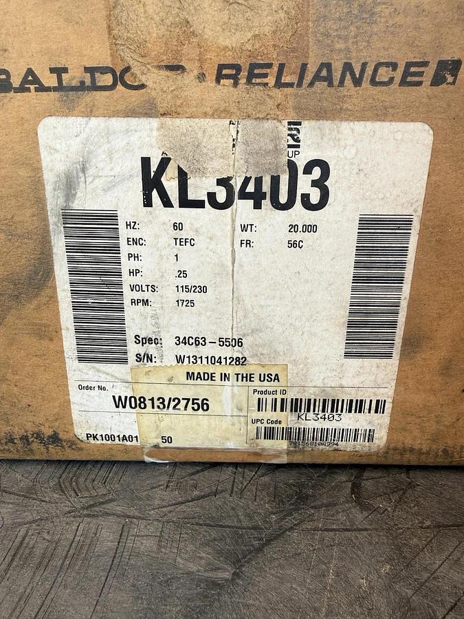 Baldor Reliance Electric Motor .25hp 1/4hp KL3403 34C63–5506 115/230v 1ph (New)