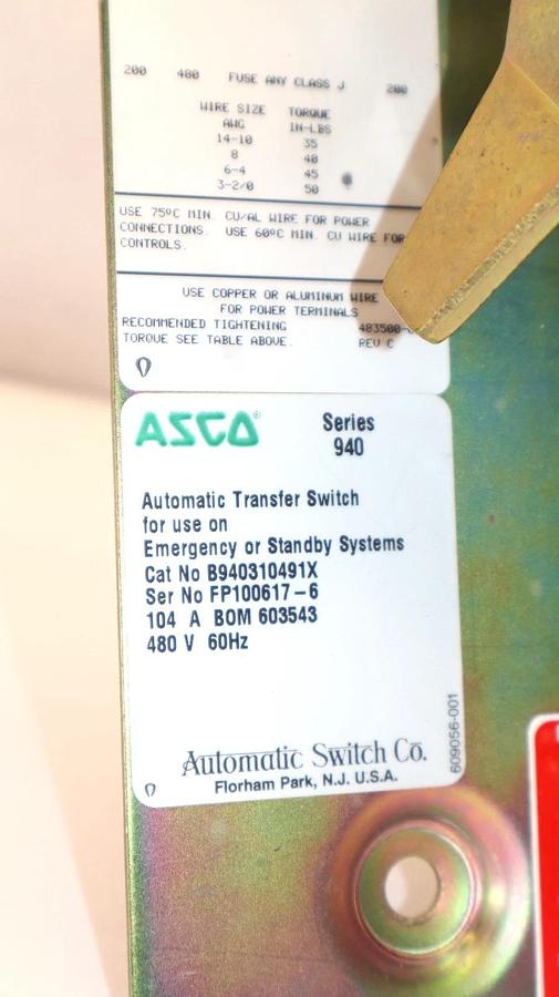 Used ASCO B940310491X 480V 60Hz Series 940 Automatic Transfer Switch