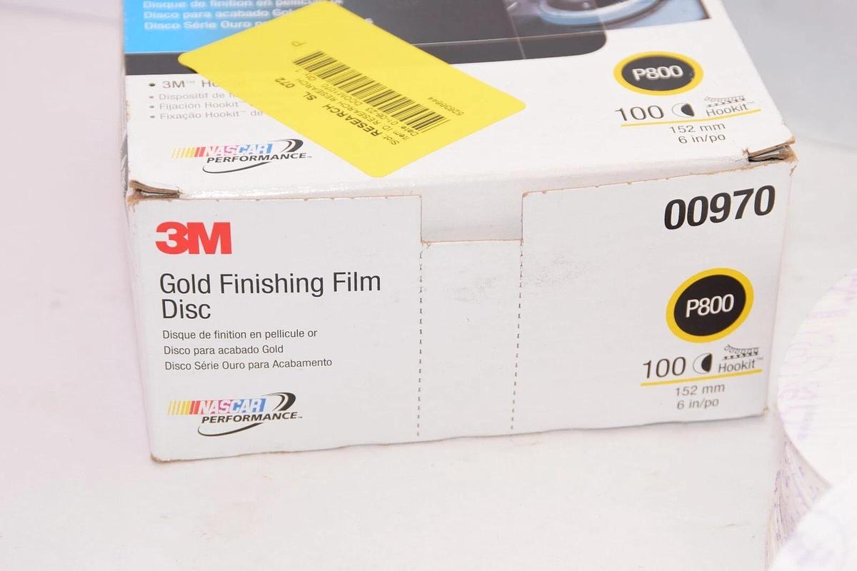 (NEW - Box of 100) 3M P800 00970 6" Hookit Attachment Gold Finishing Film Disc