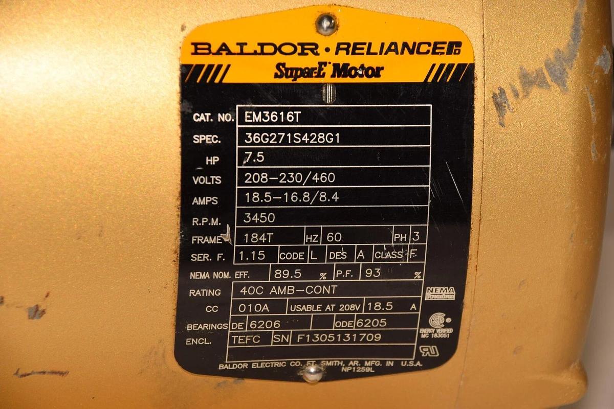 Used BALDOR EM3616T 7.5Hp 208-230/460V 18.5-16.8/8.4Amp 3450rpm Super E Motor