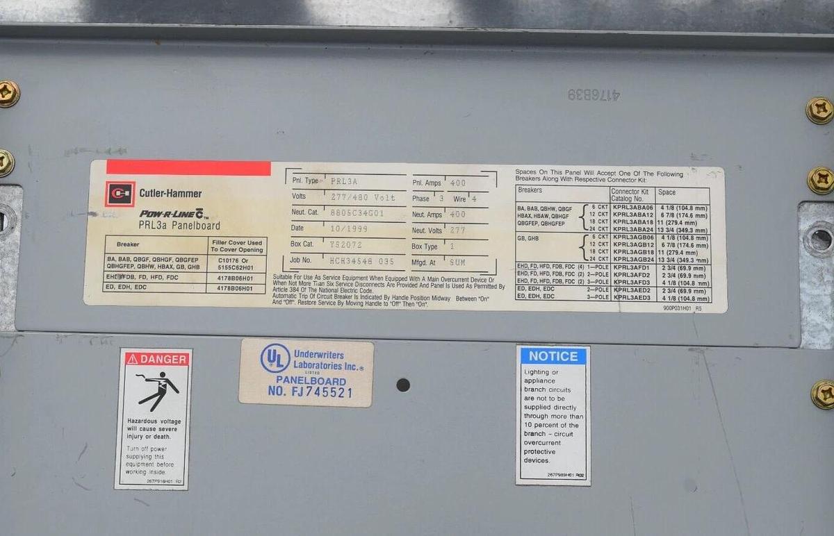 Used Cutler-Hammer 400A Panelboard Pow-R-Line PRL3a 277/480v 400Amp 3ph 4w LOADED