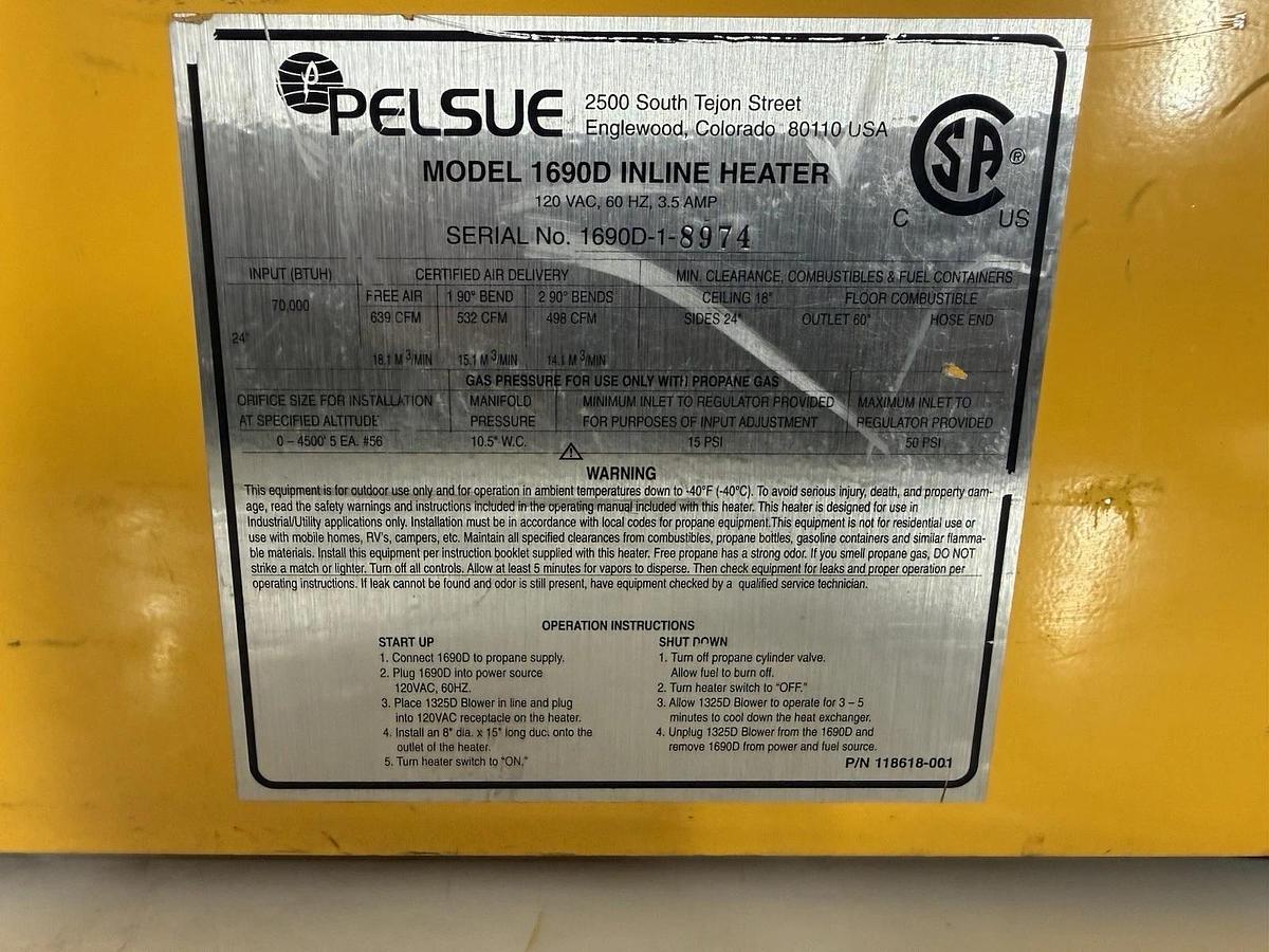 Used PELSUE Inline Confined Space Heater for Axial Blower 1690D - USED