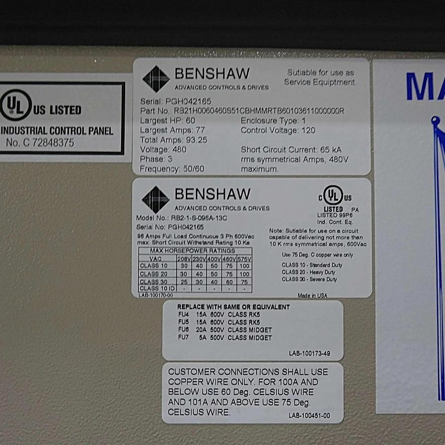 Used Benshaw  Enclosed Soft Starter 60hp RB2-1-S-096A-13CMT3000a RB21H0060460S51