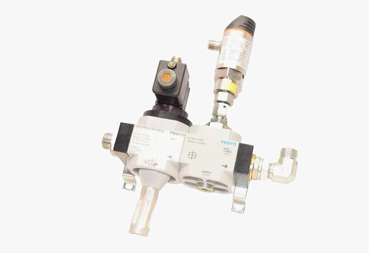 Used FESTO HEE-D-MIDI-24-M12-VW-SA 539915 SA-219181 On/Off Valve W/ IFM PN7004 Sensor
