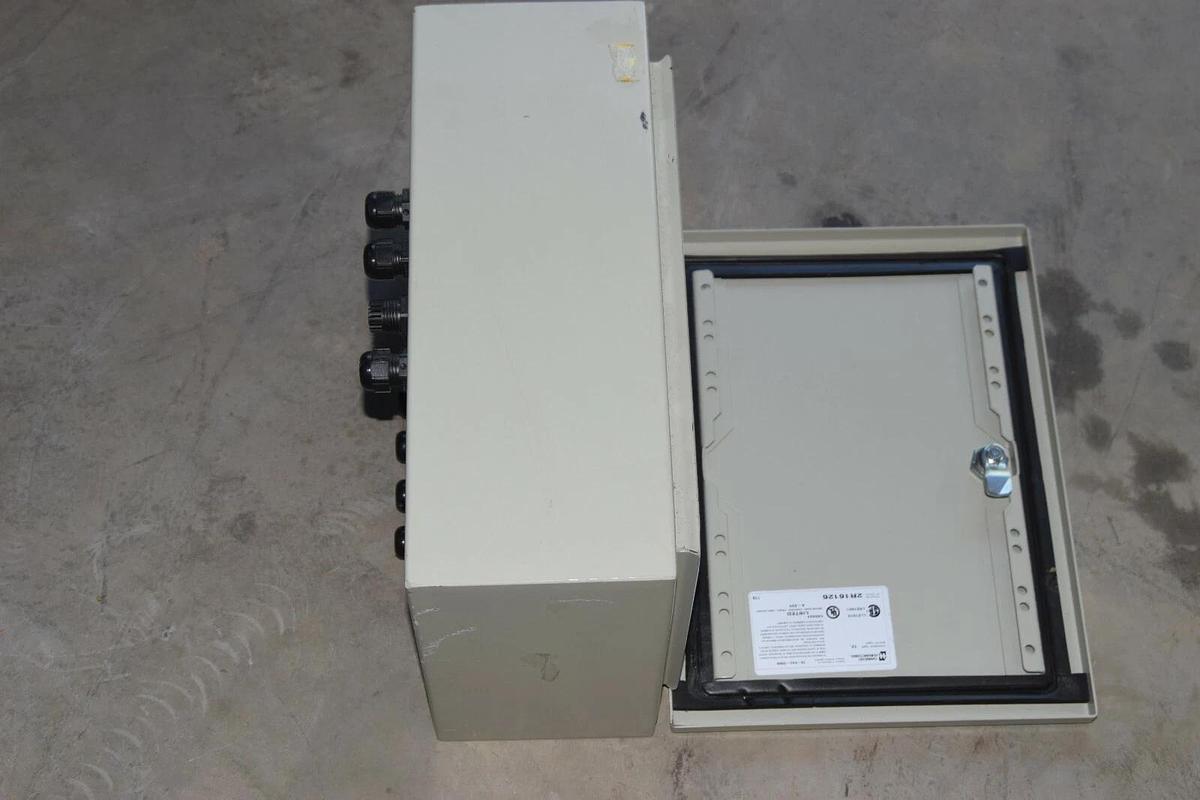 Used HAMMOND 2R16126 Enclosure Type 12 16X12X6 IN, 16" X 12" x 6 (Used) holes drilled