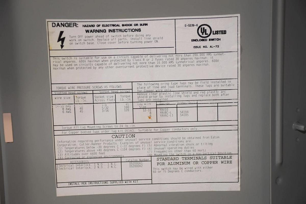 Used CUTLER HAMMER EATON Heavy Duty Safety Switch DH361UGK 30Amp 600V 3 Pole
