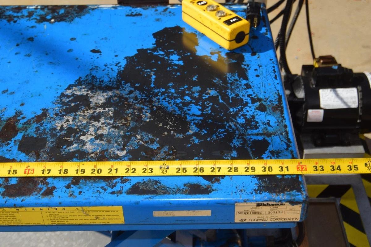 Used Bishamon Hydraulic Lift Table LX50 1,100lb 500kg Capacity 115/208-230v w Pump