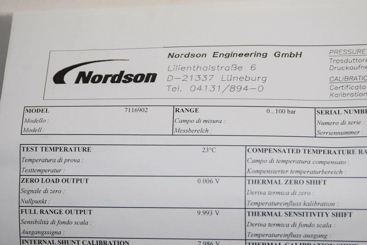 (NEW) NORDSON 7116902 D18250122 1215082 100 Bar 0-10Vdc Pressure Sensor