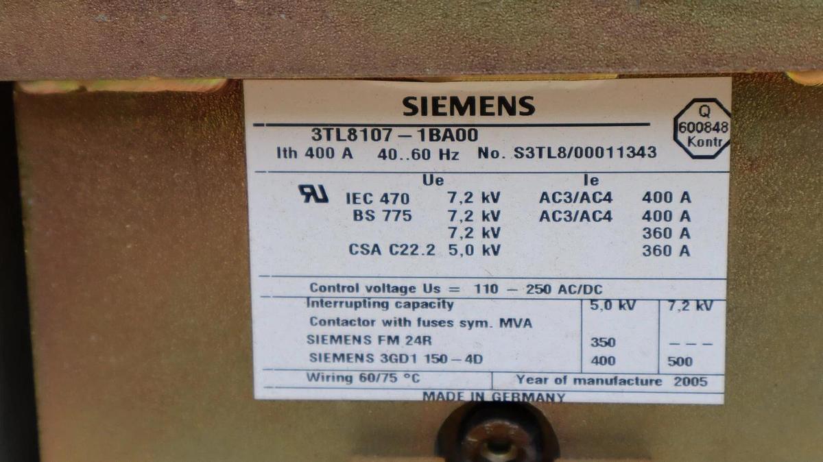 Used Siemens Vacuum Contactor 3TL8107-1BA00 3TL81071BA00 400a 7.2kV