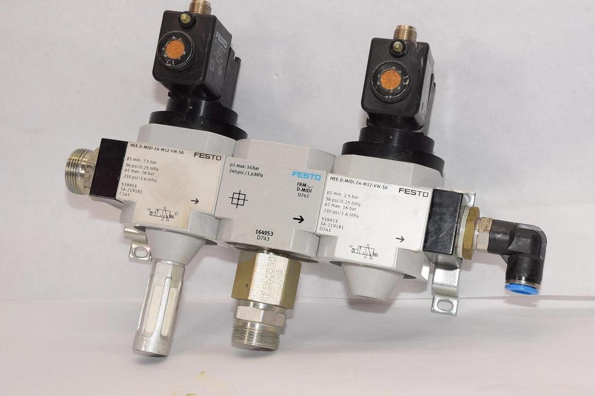 Used FESTO HEE-D-MIDI-24-M12-VW-SA On/Off Valve Assembly W/ Branching Module 164953