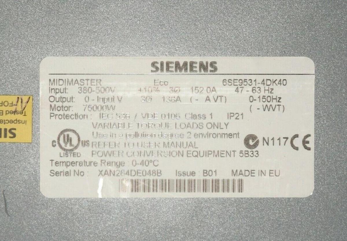 New Siemens Midimaster 6SE9531-4DK40 100 HP Variable Torque drive 380-500V 75 kW