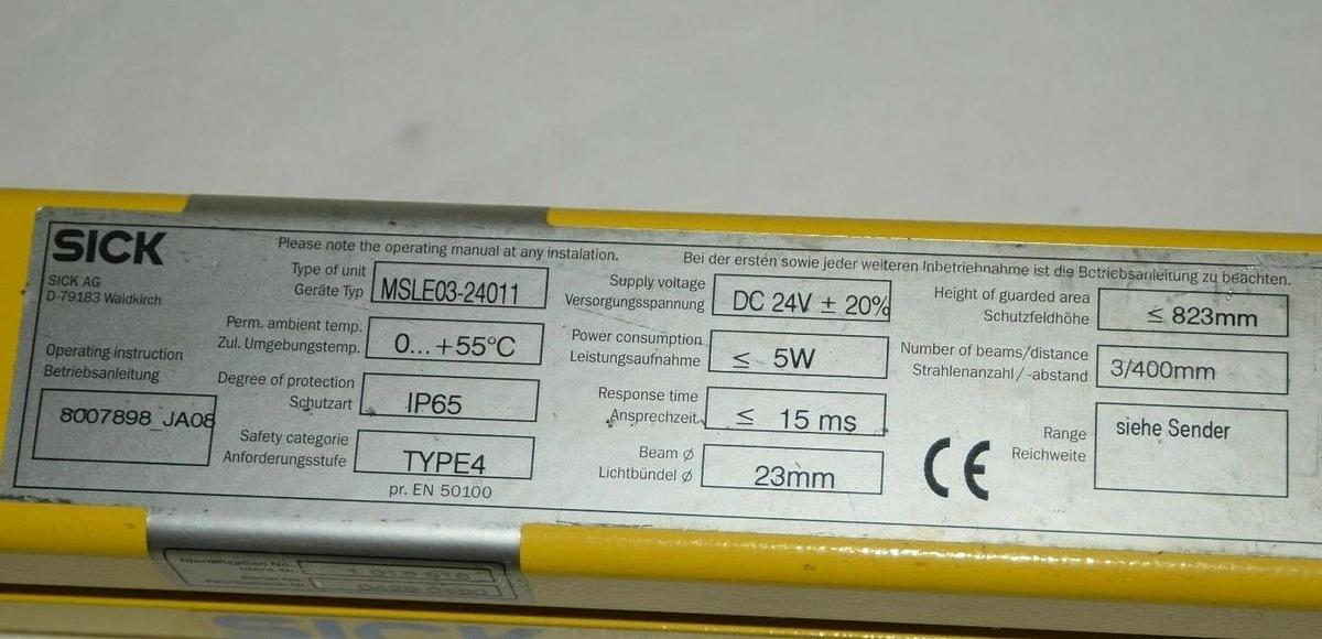 Used SICK  Safety Light Curtain MSLE03-24011 1015618 1 015 617 23mm 24V 5W