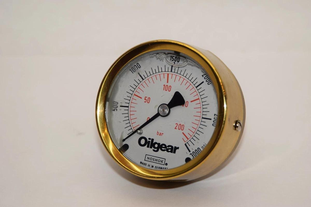 (NEW) NOSHOK / OILGEAR 0-3000psi 0-200 Bar 1/4" NPT Brass Back Mount Gauge