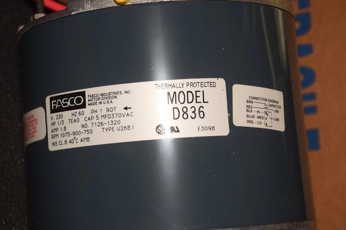 FASCO D836 1/3 HP 1.8 A 230V 60HZ 1075-900-750 RPM BLOWER MOTOR NEW
