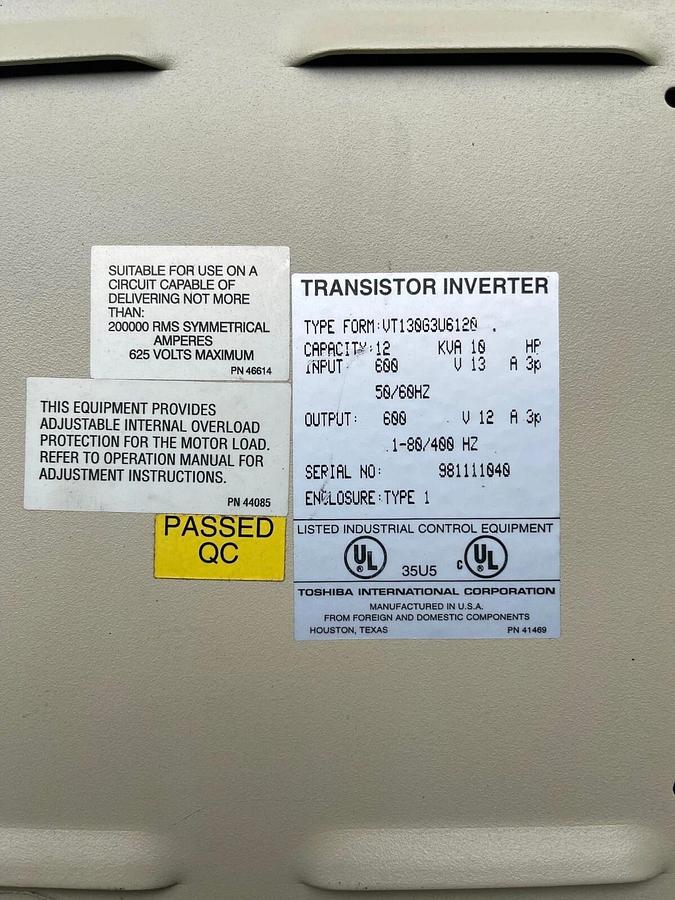 Used TOSHIBA VT130G3U6120 12kva 10hp 600v  3p Transistor Inverter Drive