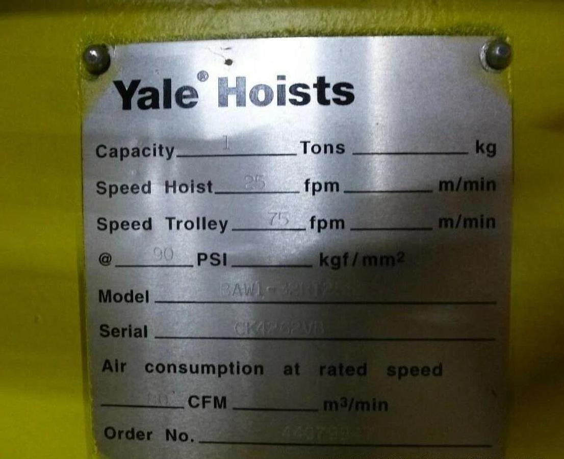 Yale AW 1 Ton Air Hoist BAW1-32RT 648782671 E13MDNS518X0A8 1T Pneumatic (NEW)