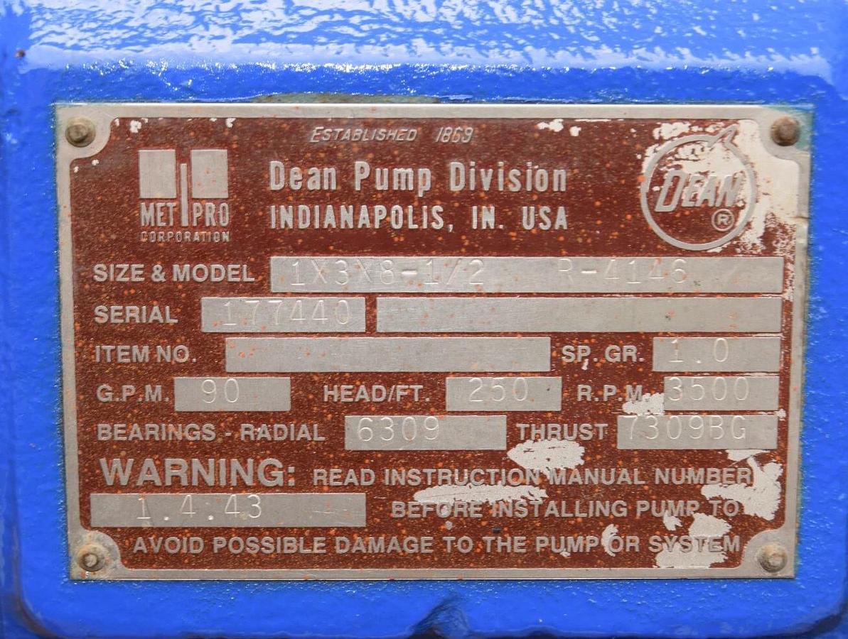 MET PRO Metpro Dean Pump 1x3x8-1/2 R-4146 R434-26B 90gpm 3500rpm *Refurb*