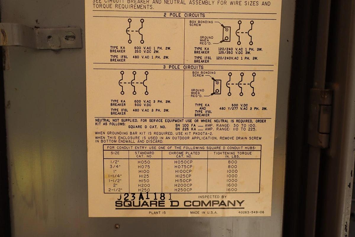 Used Square D Enclosed Circuit Breaker KA225AWK w/ Breaker KHL361251021 125A 125 Amp