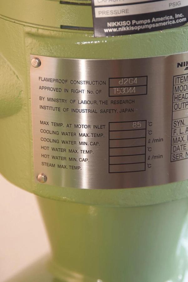 Nikkiso Non-Seal Pump  PWP1B/HPWP1 HN22C-B2 Head: 50m 3.6kw 460v 200 l/min (NEW)