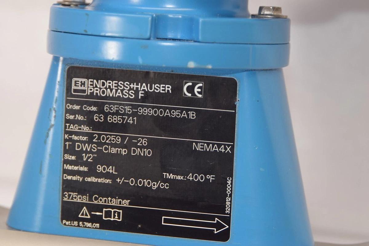 Used ENDRESS + HAUSER Promass 63 F Flowmeter 63FS15-99900A95A1B 63FS15 1" DWS Clamp