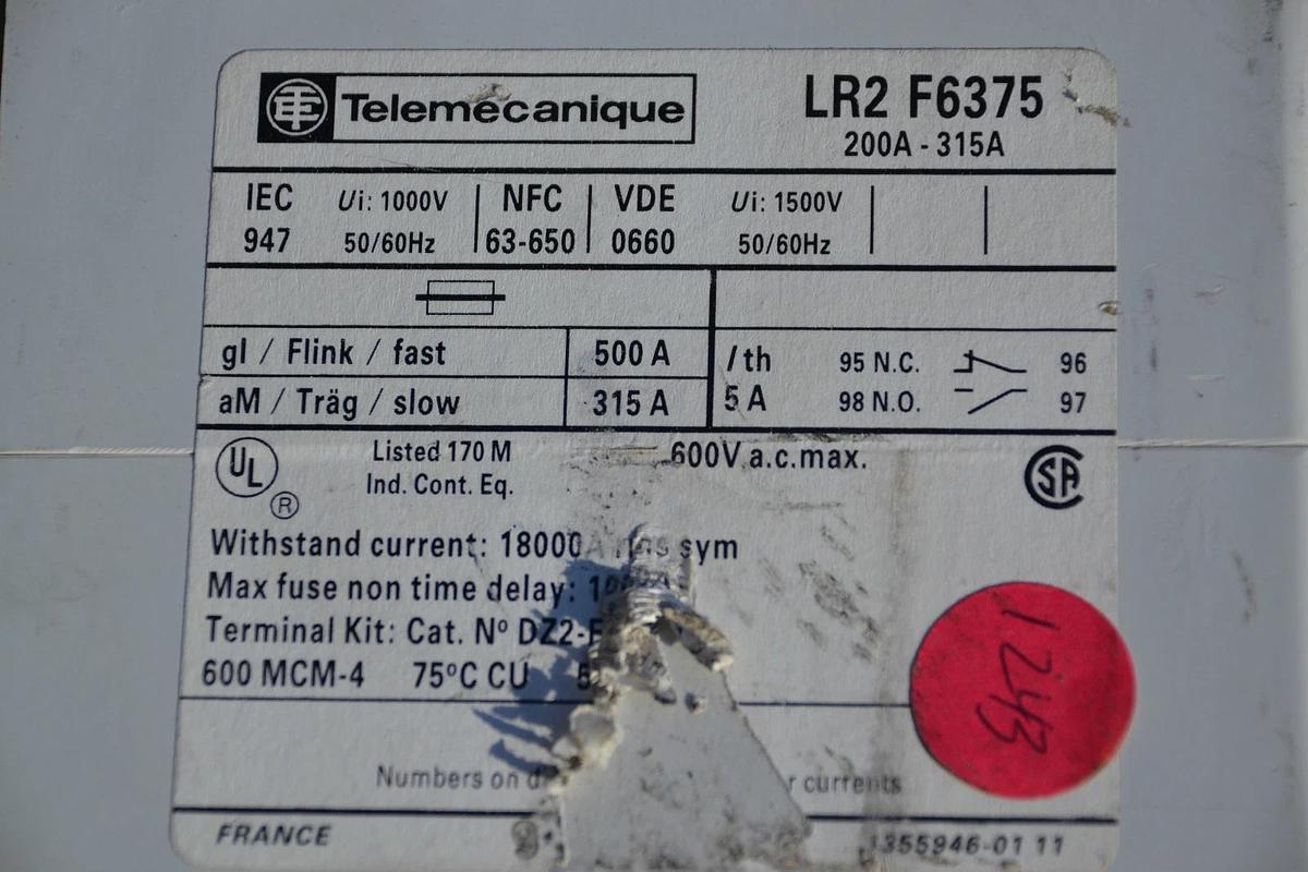 Used TELEMECANIQUE OVERLOAD RELAY LR2-F6375 LR2F6375 200-315A W/ LA7-D1064