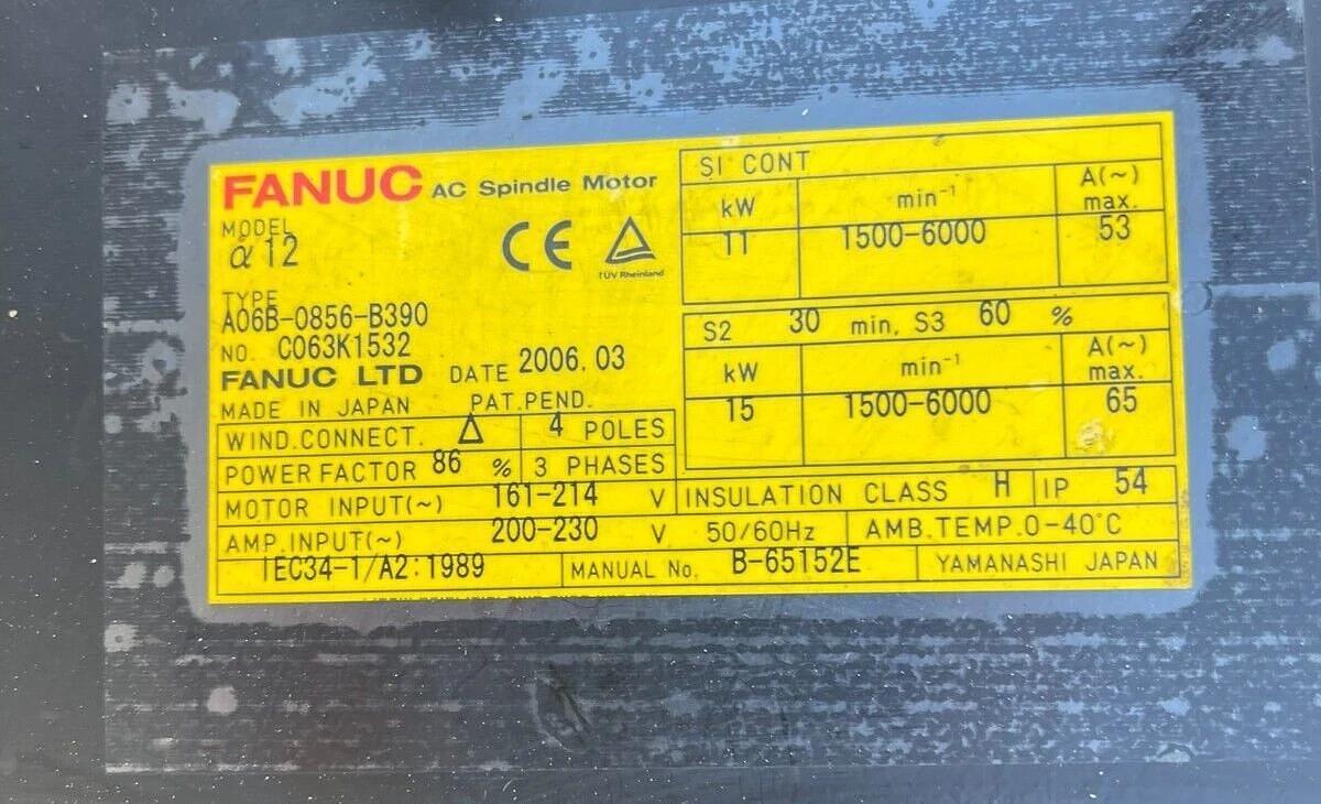 Refurbished FANUC AC Spindle Motor A06B-0856-B390 A06B0856B390 11kW 15kW 200-230v REFURB