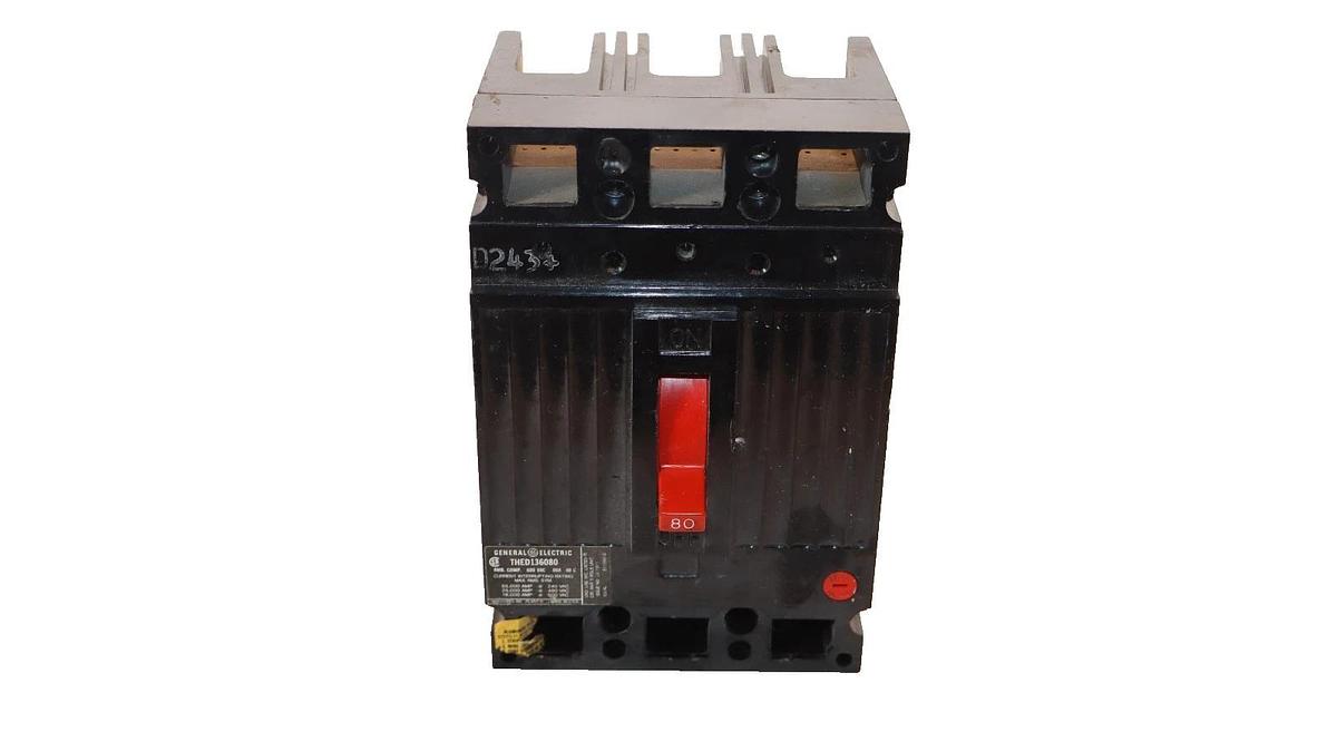 Used GE 80A 80 Amp Circuit Breaker THED136080 600V 3-Pole General Electric