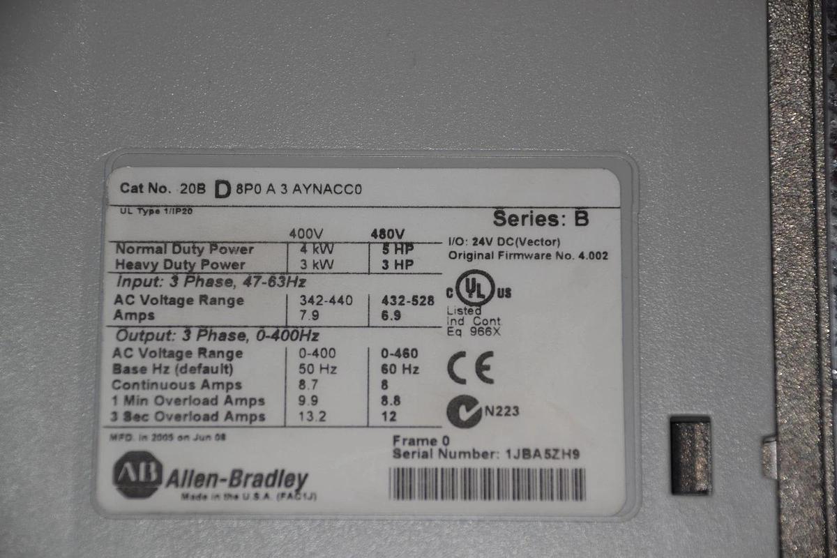 Allen-Bradley PowerFlex 700  5 HP  20BD8P0A3AYNACC0  480 VAC Drive