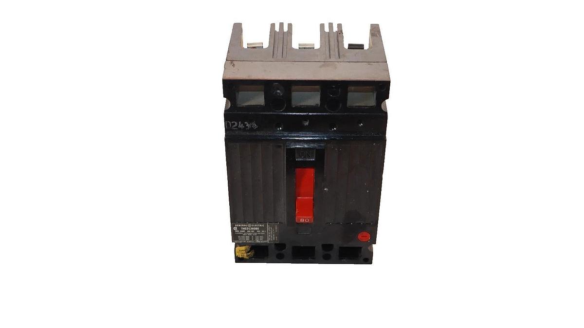 Used GE 80A 80 Amp Circuit Breaker THED136080 600V 3-Pole General Electric