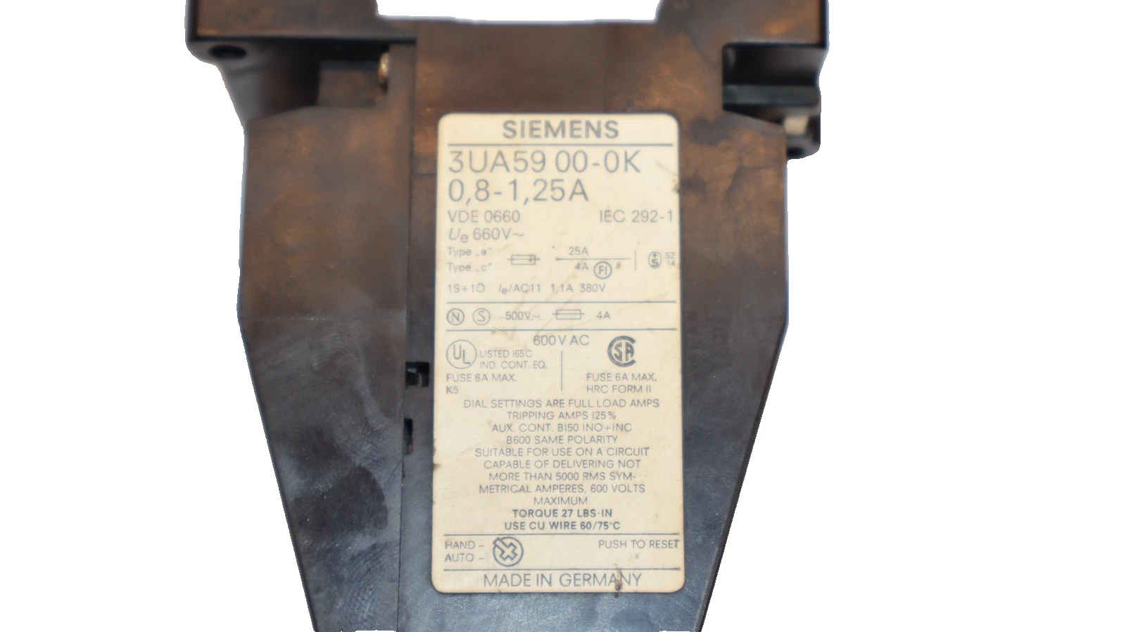 Used Siemens 3UA5900-0K 3UA59 00-0K 3UA59000K 0,8-1,25 A Overload Relay