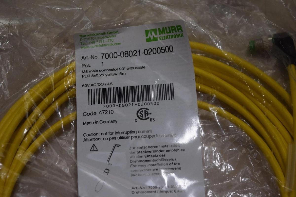 New MURR Elektronik QC Cable, 7000-08021-0200500, M8 male 90degree, 5meters