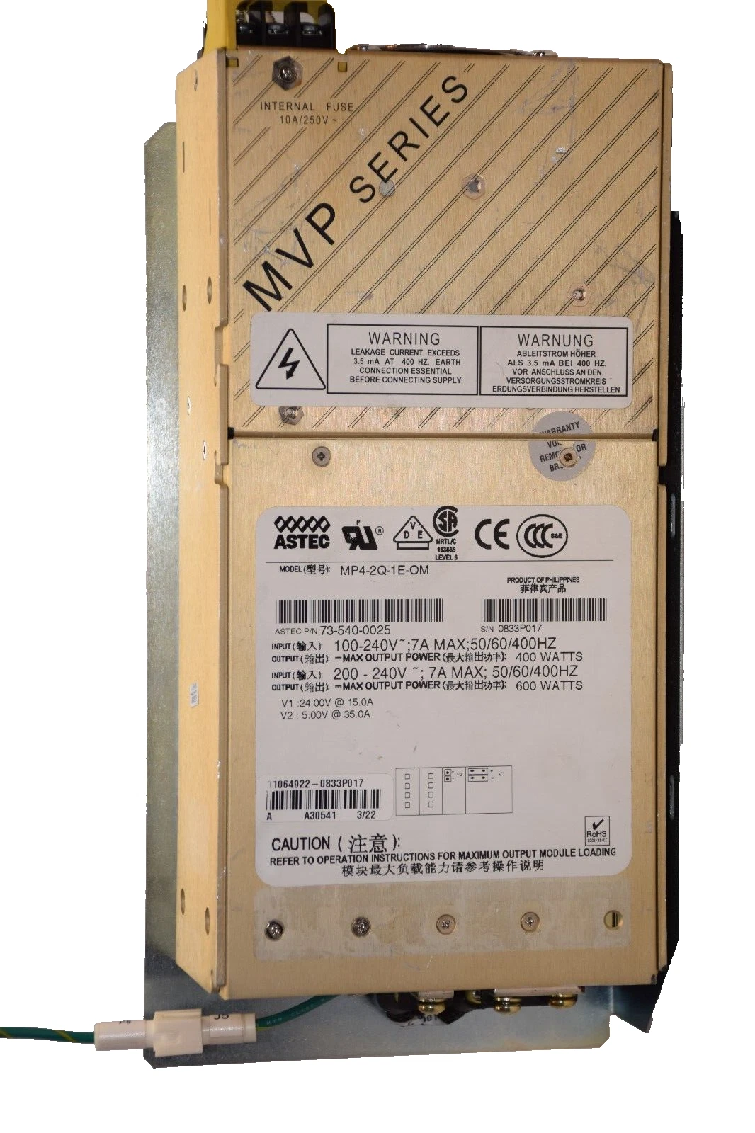 Used ASTEC MP4-2Q-1E-OM , 73-540-0025 100-240V 7A 50/60/400Hz Power Supply