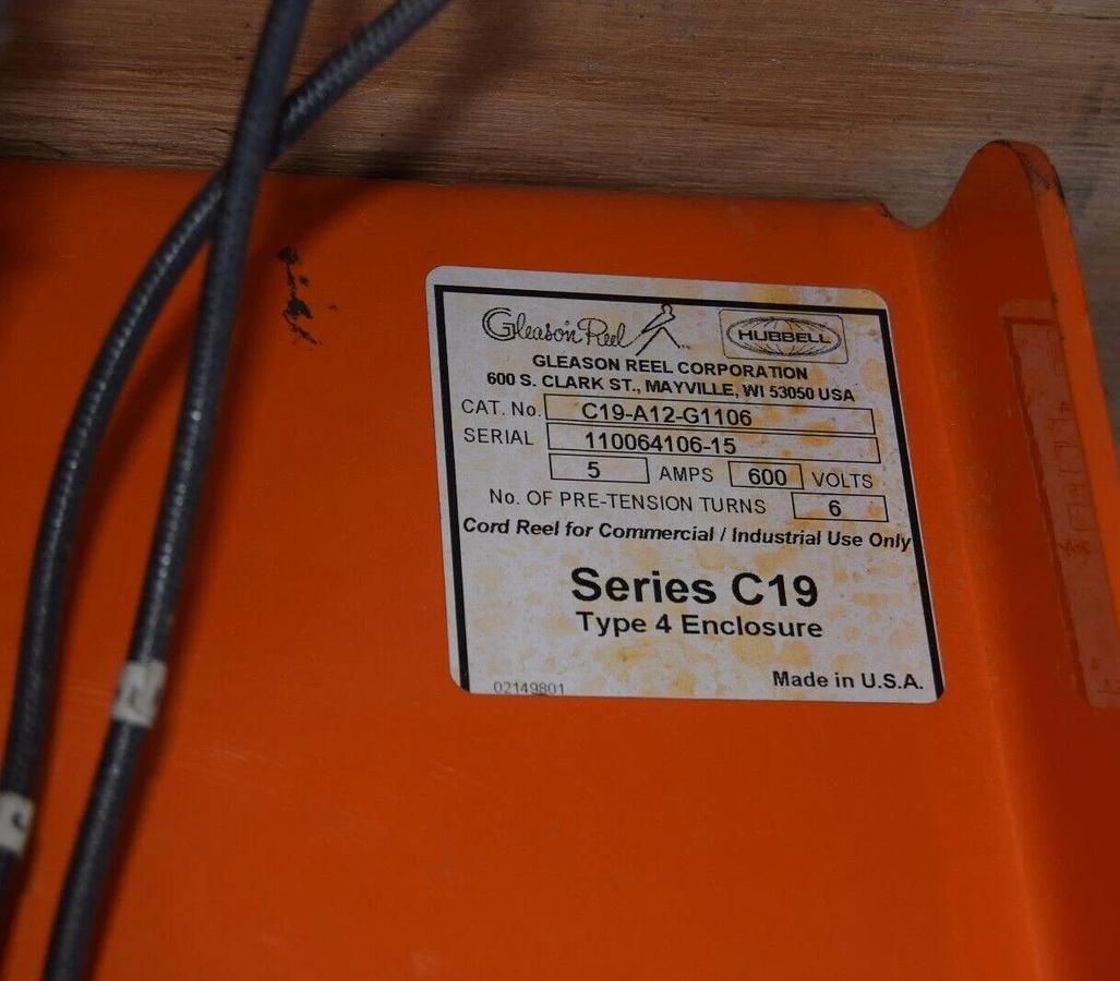 Gleason Reel Hubbell Series C19 Cord Reel C19-A12-G1106 5a 600v 6 Turn (NOS)