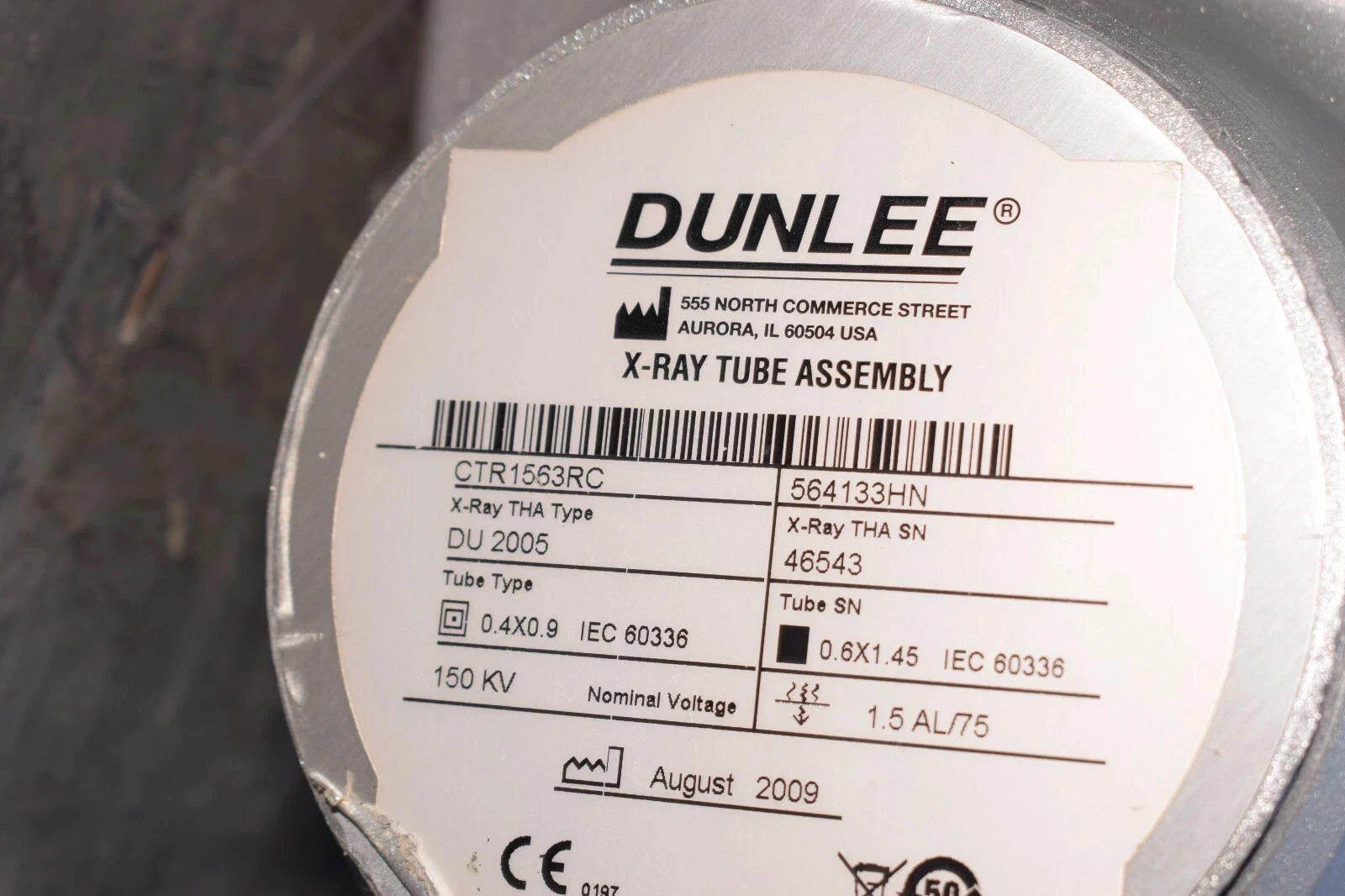 Used Dunlee X-Ray Tube 150kV Tube power supply CTR1563RC 564133HN DU 2005 46543 .4x.9