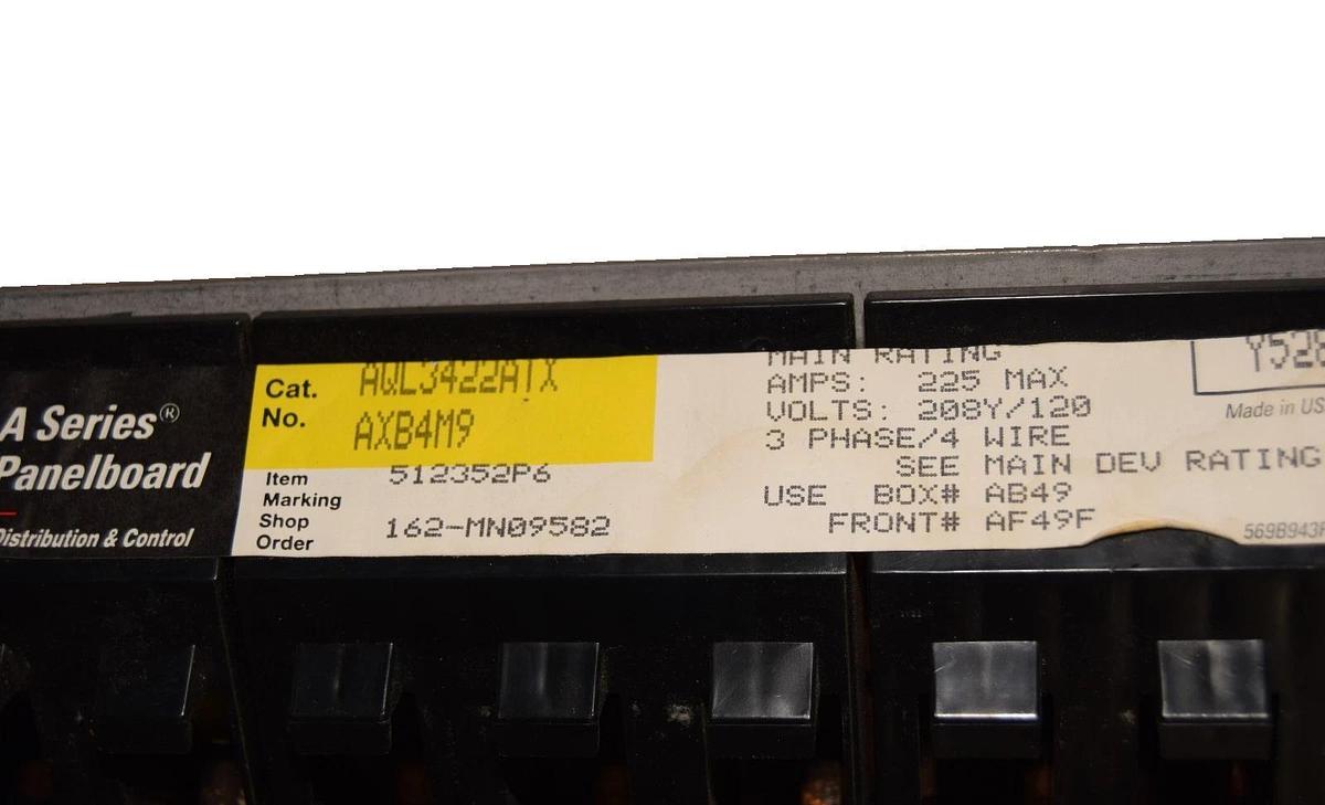 Used General Electric / GE AQL3422ATX 225Amp 3Ph Main Lug Panelboard Interior *Only*
