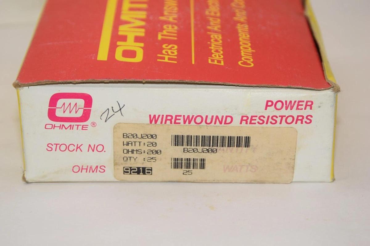 (NEW - Box of 24) OHMITE B20J200 20Watt 200Ω Wirewound Resistor