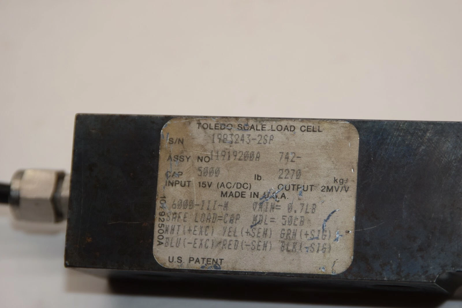 Used TOLEDO SCALE 11919200A 1983243-2SP 5000 Cap 2270lb 15V Load Cell
