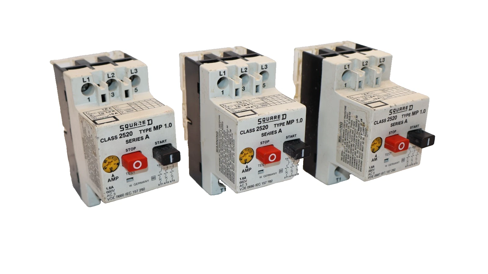Used Square D 2520-MP 1.0 Series A 1.6A 660V 3P Manual Starter (Lot of 3)