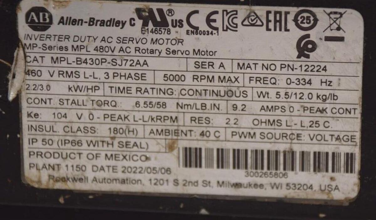 Used ALLEN BRADLEY MPL-B430P-SJ72AA Series A 5000rpm 3 Ph 0-334Hz 3.0Hp  Servo Motor