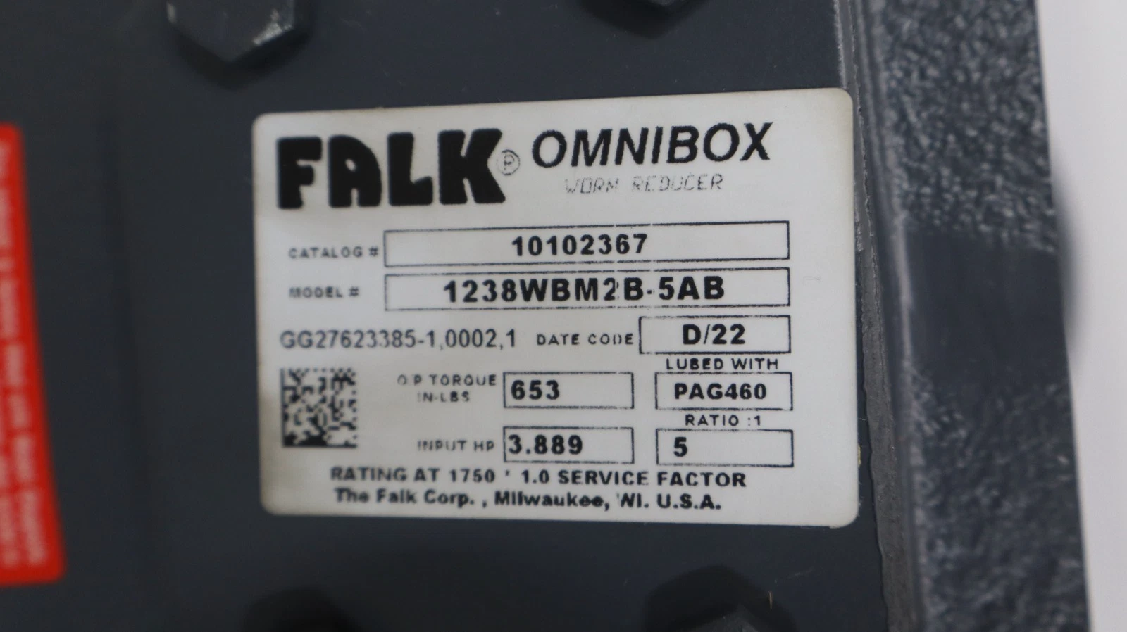 Falk Omnibox Worm Speed Reducer Gear Box 1238WBM2B-5AB 0102367 5:1 (New)