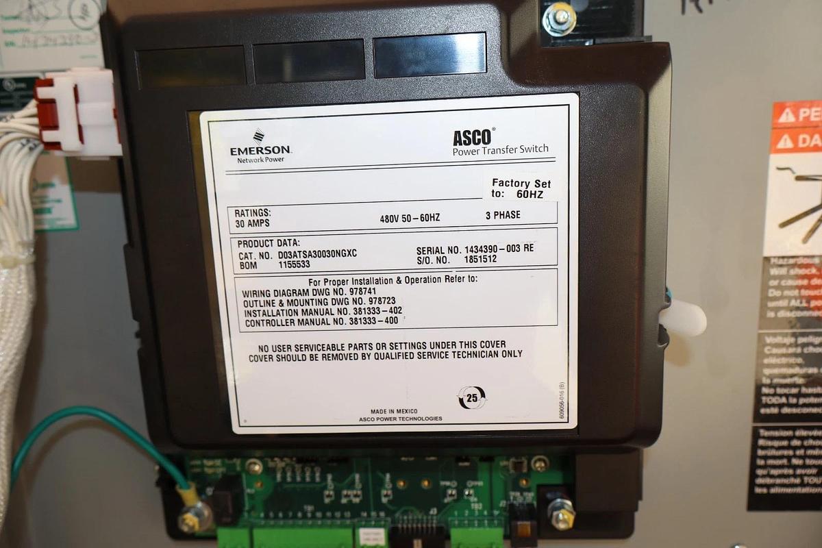 Asco Emerson Automatic Transfer Switch D03ATSA30030NGXC 30A 480v (New, take out)