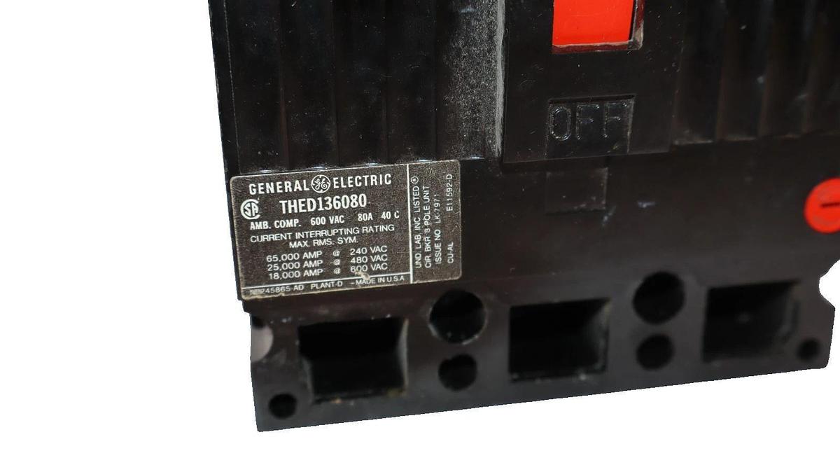 Used GE Molded Case Circuit Breaker THED136080 80A 80 Amp 3P 600Vac *READ*