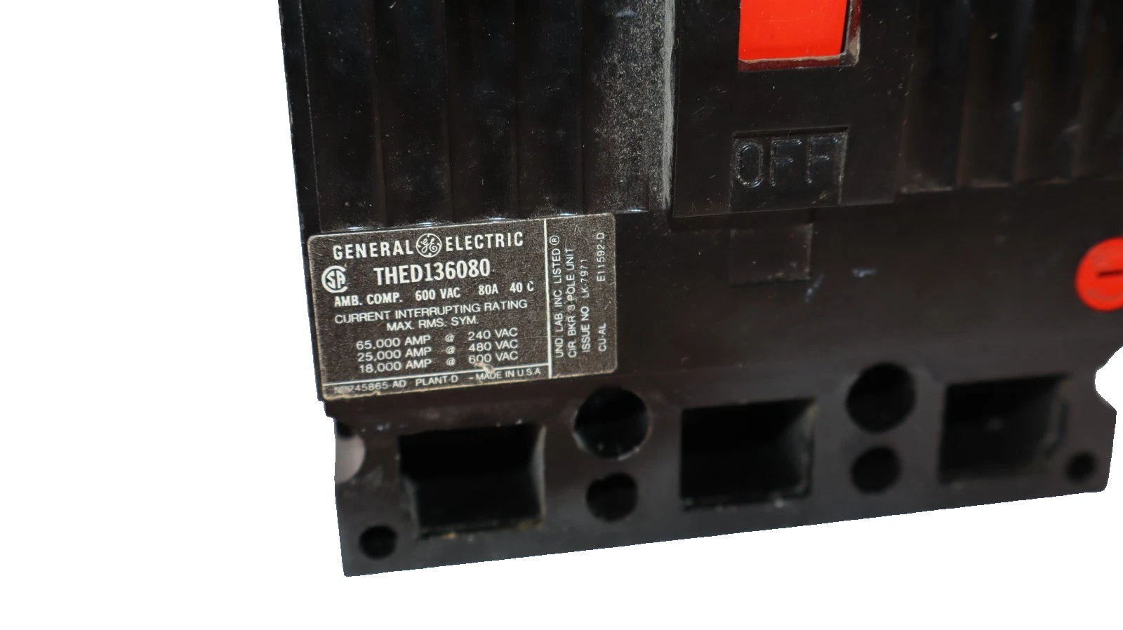 Used GE Molded Case Circuit Breaker THED136080 80A 80 Amp 3P 600Vac *READ*