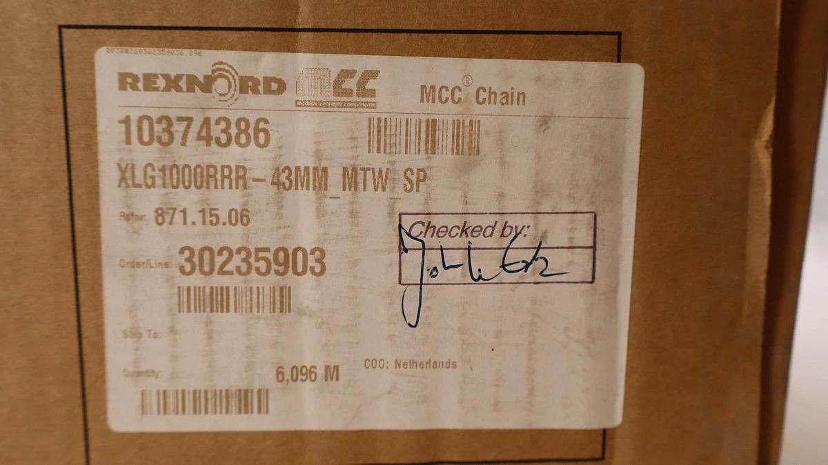 Rexnord MCC Mat-Top Chain Conveyor RRR100-43XLG XLG1000RRR-43MM-MTWSP 6.096m NEW
