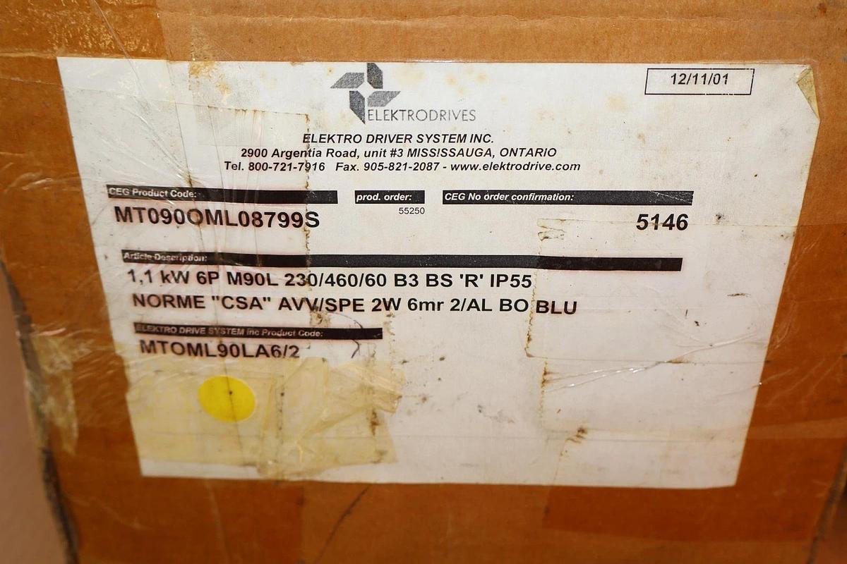 Elektro Drive Motor MT0ML90LA6/2 MT090OML08799S 6P 1.1kW 1.5hp 230/460v (New)
