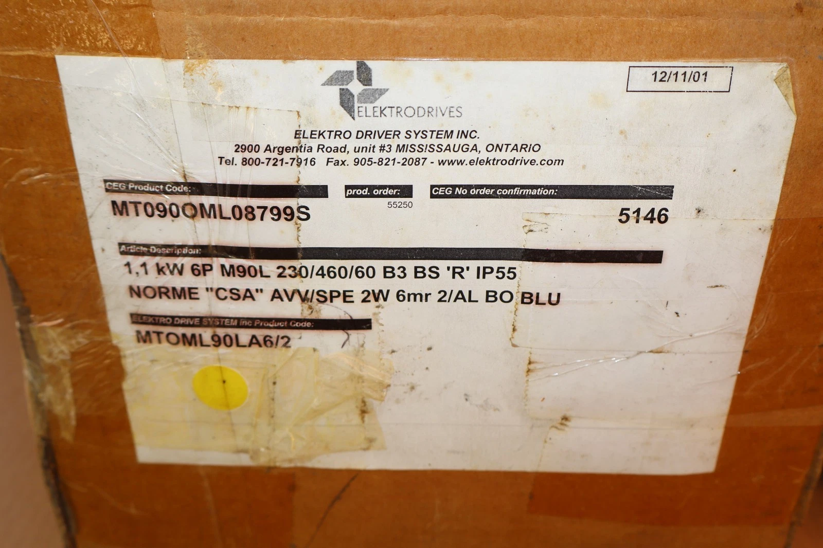 Elektro Drive Motor MT0ML90LA6/2 MT090OML08799S 6P 1.1kW 1.5hp 230/460v (New)