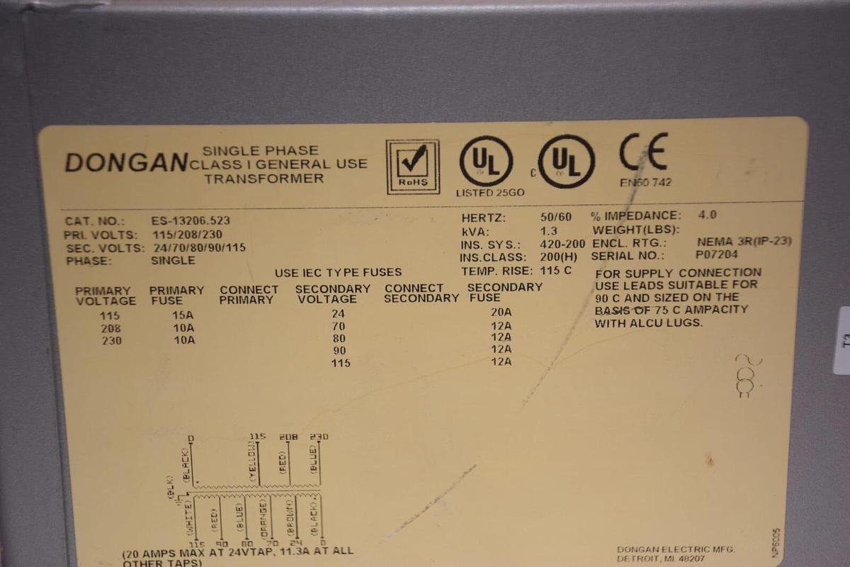 Used DONGAN ES-13206.523 115/208/230V 1.3kva 1.3 kva 1ph Class 1 General Transformer